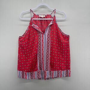 Pink Republic Red Blue Boho Geometric Print Sleeveless Blouse w/Tassles
